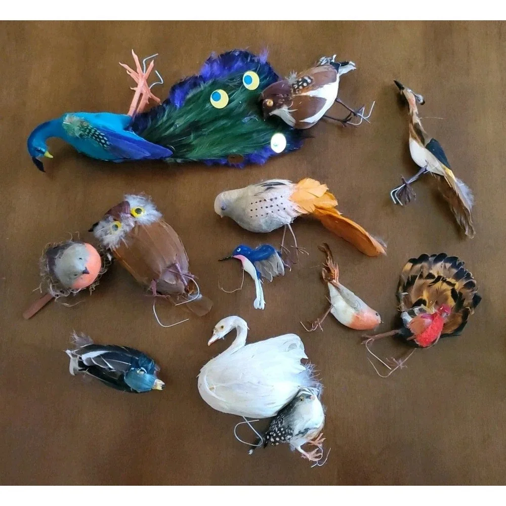 Vintage Lot of 12 Feathered Birds Variety Peacock Swan Holiday Decor As Is
